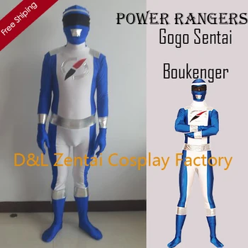 

Free Shipping DHL Adult Full Body Gogo Sentai Boukenger Blue&White Lycra Zentai Suit Halloween Costume PR1148