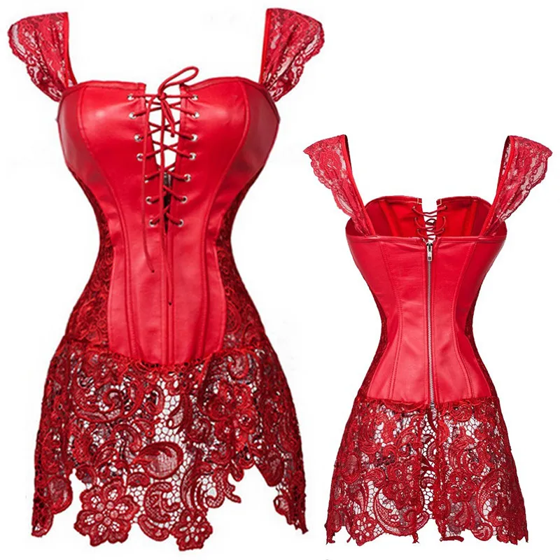 2017 Plus Size 5XL Women Sexy Lace Corsets Zipper Back Waist Cincher Steampunk Burlesque Faux Leather Corset Overbust (5)