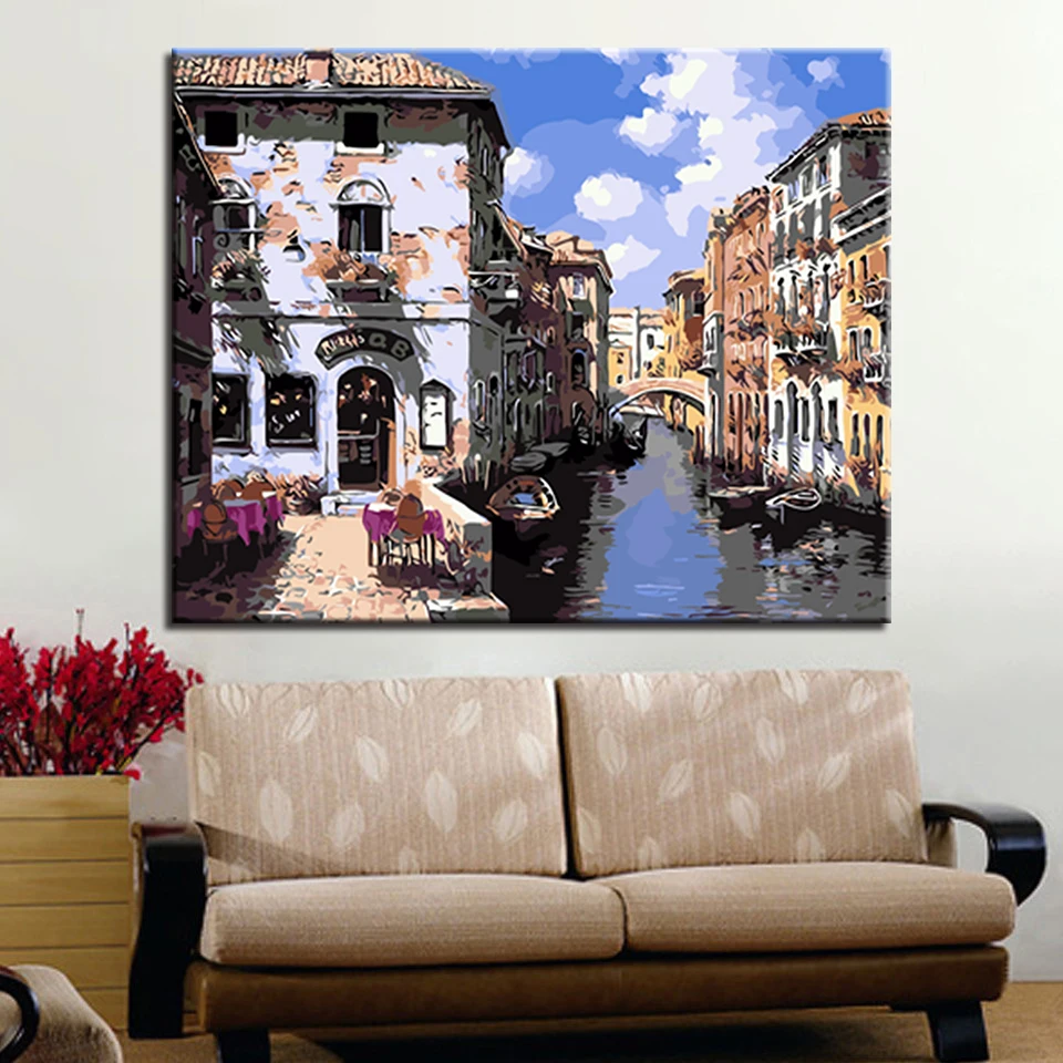 Home Decorative Modular Wall Artwork Picture Water Small Town DIY Oil