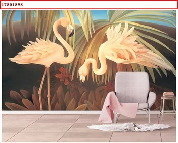 

beibehang Custom medieval hand-painted tropical jungle plant banana leaf flamingo background wall painting wallpaper behang