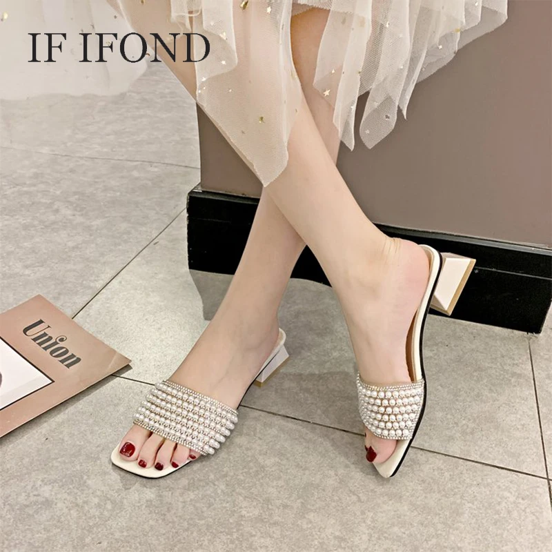 

IF IFOND Summer Slippers Women Fashion String Bead Square Med Heel Home Slippers Woman Outside Party Womens shoes