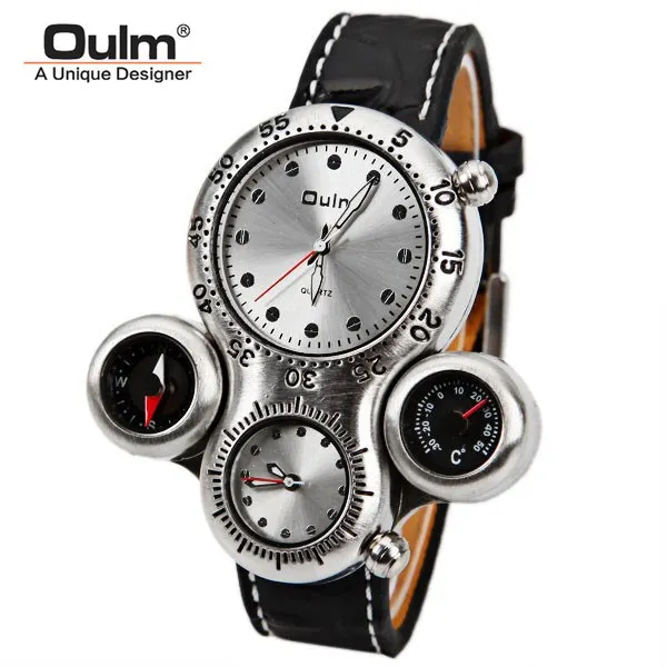  OULM Brand Men's Military Watch with Dual Movement Compass and Thermometer Function Brown Dial Leat