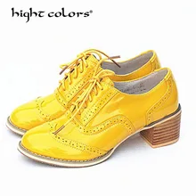 Брендовая Весенняя женская обувь на платформе ярких цветов; Броги из лакированной кожи; женская обувь на плоской подошве; Желтые женские туфли-оксфорды на плоской подошве со шнуровкой; F04