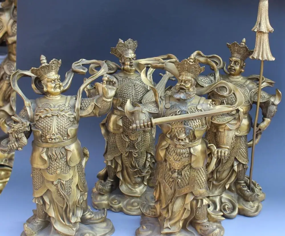 

20" Chinese Bronze 4 great Heavenly Kings Warrior Full Set Dragon Lion Statue