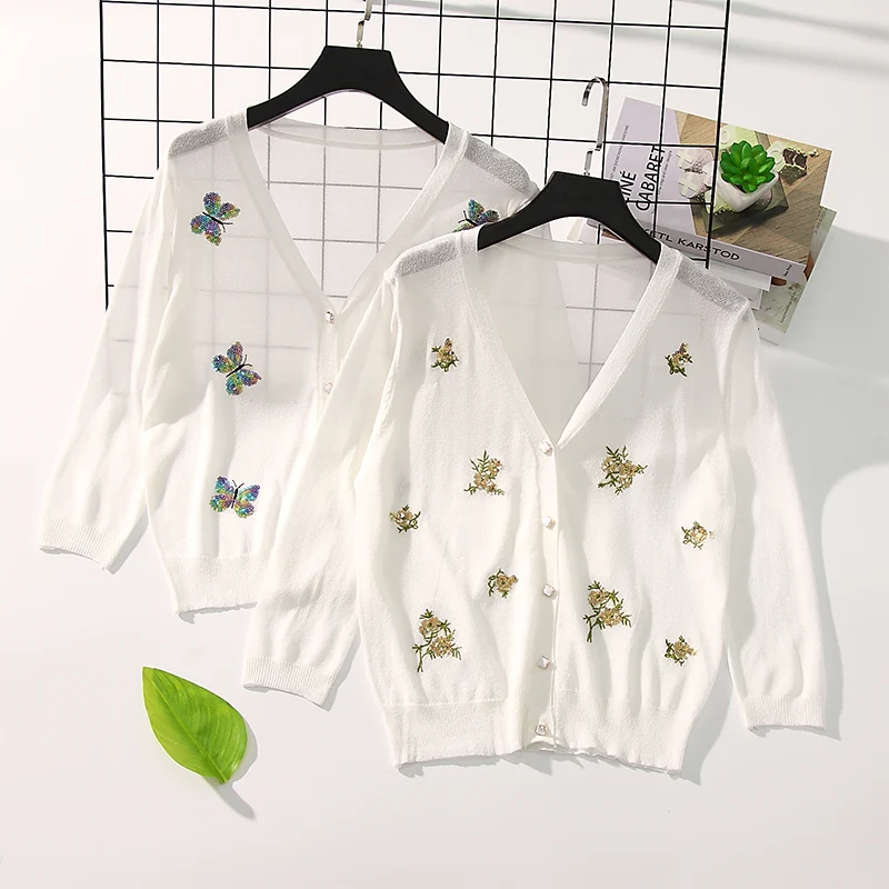 

thin loose ice silk knitted cardigan with sequined embroidered short shawl jacket sunscreen air conditioning shirt