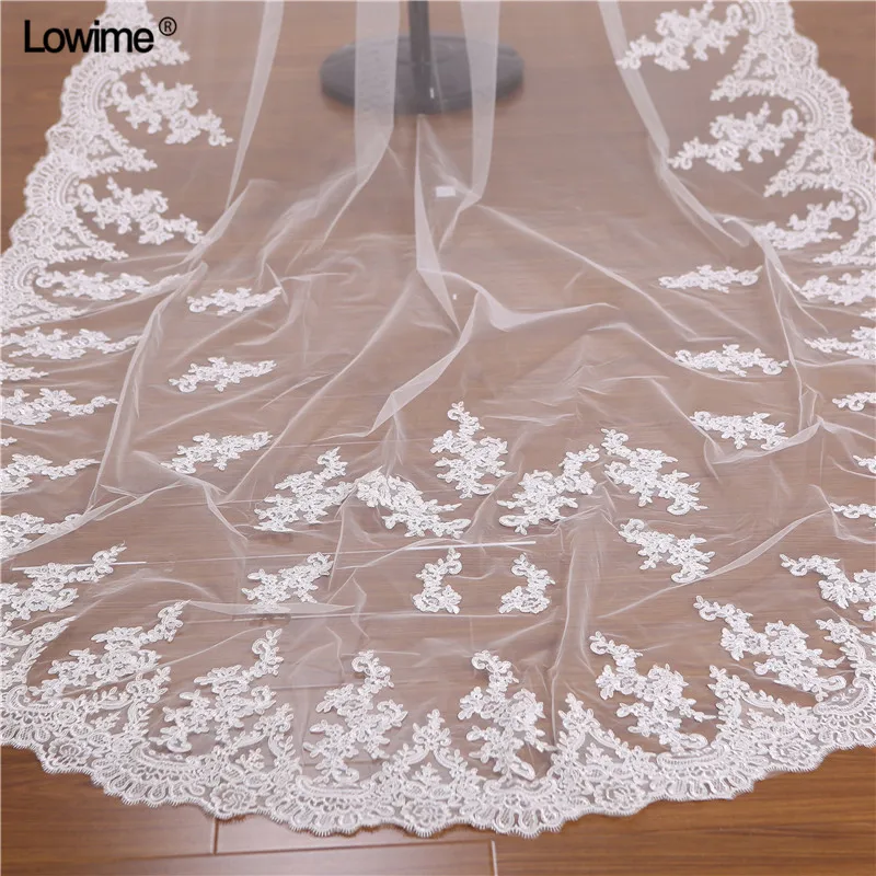 Lowime Cheap Cathedral Wedding Veil Accessories 3 Meters Voile Mariage Vail Velos Lace Cotton Bride Veils 2018 (1)