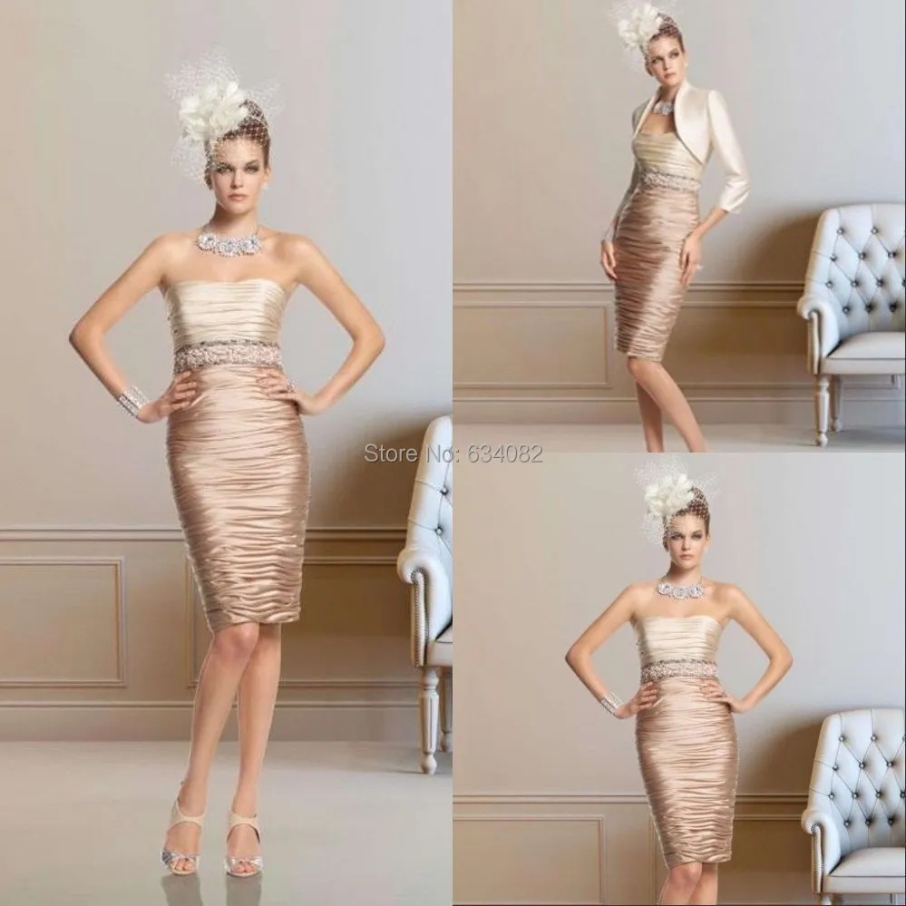 

New Mermaid Strapless Knee-length Two Piece Mother of the Bride Dress 2015 Plus Size Champagne Evening Dresses Two color