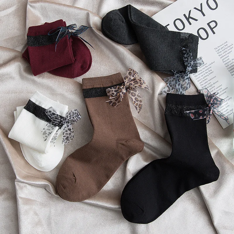 

Women Socks 2019 Autumn New Fashion Leopard Bow Comfortable Cotton Happy Student Fresh Style Casual Cute Long Socks Women