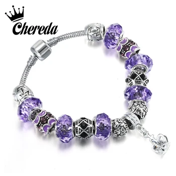 

Chereda Trendy DIY Stone Bracelet Female Beads Charms Crystal Pendant Snake Chain Cuff Bracelets for Women Colorful Crown Bangle