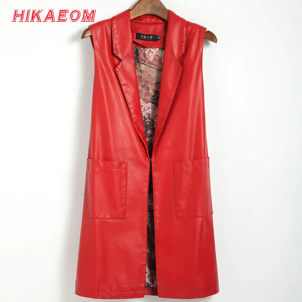 

Women Long Vest Coat 2018 New Fashion Pu Leather Elegant Office Wear Casual Sleeveless Jacket Female Waistcoat Colete Feminino