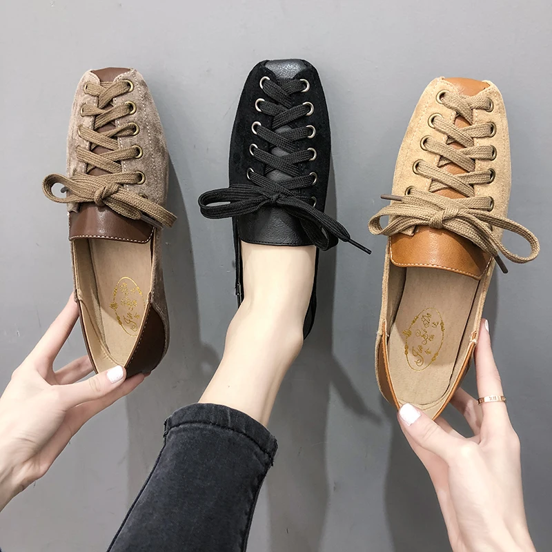 

Spring Women Panelled Flats Designer Ladies Cross-Tied Shoes Brand Casual Scrub Low Heels Shoes Soft Bottom Square Toe Loafers