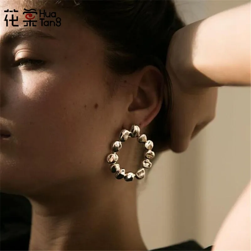 

HuaTang Punk Gold Silver Earrings for Women Girl Geometric Exaggerated Round Carving Drop Earring Jewelry Oorbellen