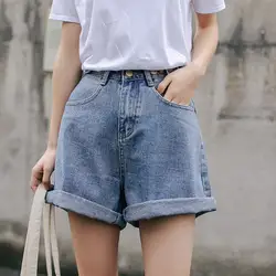 2019 Для женщин Высокая Талия Короткие брюки женские летние свободные шорты из денима Повседневное Широкие джинсовые шорты Костюмы