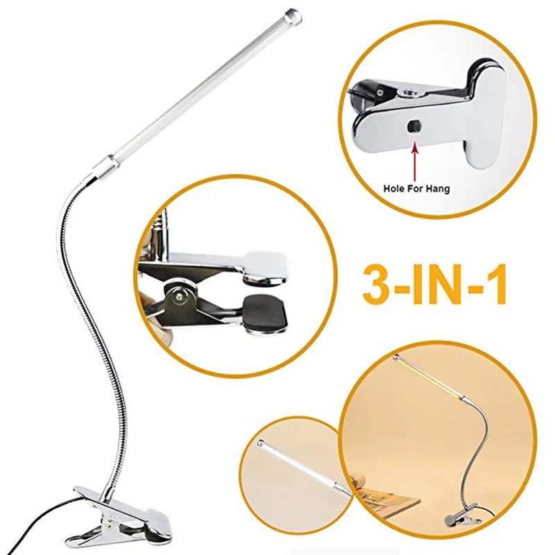 

Silver Led Table Lamp Touch Dimmable Reading Study office Flexible Solid Clip Desk Lamp USB Rechargeable indoor home night light