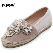 Прямая поставка; сезон весна-осень; женские лоферы с круглым носком; Эспадрильи с жемчугом; удобная подошва из пеньки; женская обувь без застежки; zapato mujer