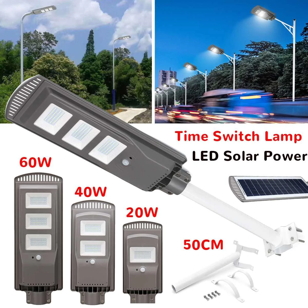 

20/40/60W Solar Powered Panel LED Solar Street Light All-in-1 Time Switch Waterproof IP67 Wall Lighting Lamp for Outdoor Garden