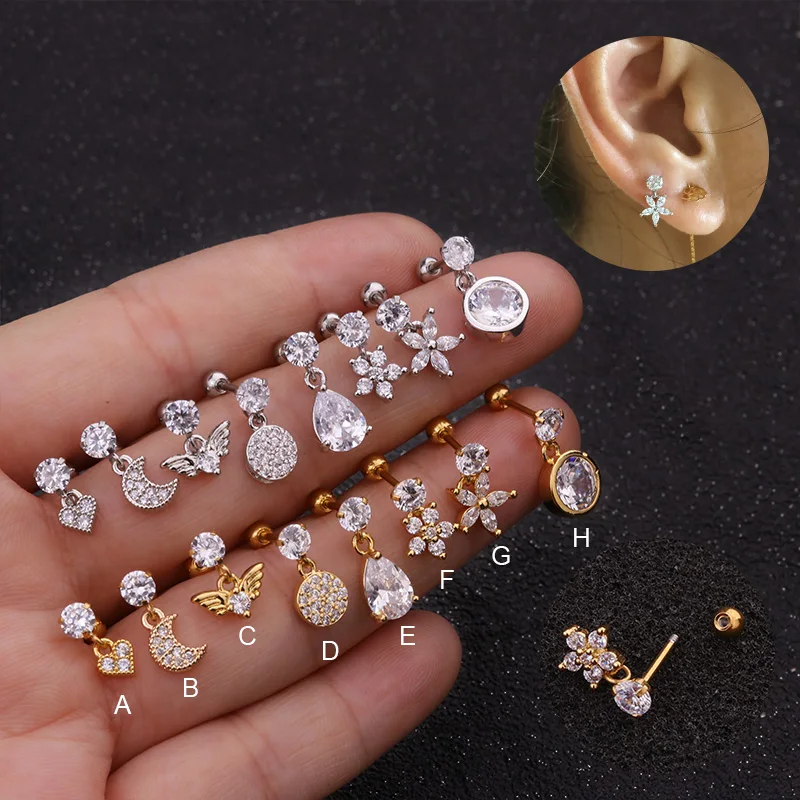 

Sellsets 1PC New Dangle Cartilage Helix Earring Stainless Steel Barbell With Cz Pendant Conch Rook Lobe Ear Piercing Jewelry
