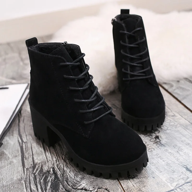 E TOY WORD Autumn women's boots Round Toe High Heels thick-soled boots Lace Up Fashion Women Winter Boots Shoes bota feminina