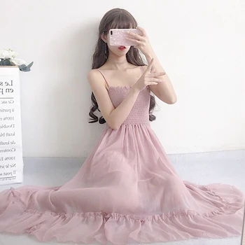 

Princess sweet lolita dress Summer Elastic sleeveless one-word collar Shoulder-exposed solid-color suspender dress MLBZ014