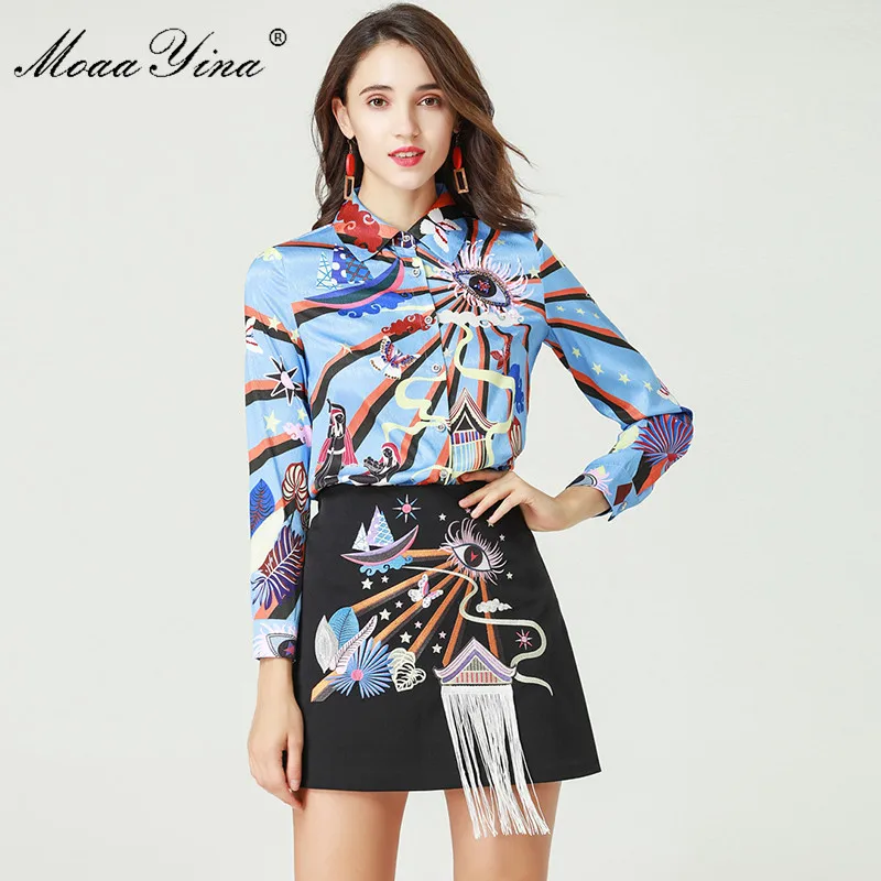 

MoaaYina Designer Set Spring Women Long sleeve Beading indie folk Print Blouse+Embroidered Tassel Short skirt Two-piece suit