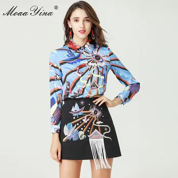 

MoaaYina Designer Set Spring Women Long sleeve Beading indie folk Print Blouse+Embroidered Tassel Short skirt Two-piece suit