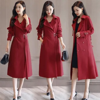 

Fashion Office Lady Temperament X-Long Over The Knee Women Coat 2018 Solid Covered Button Trench Adjust Waist Windbreaker DY34