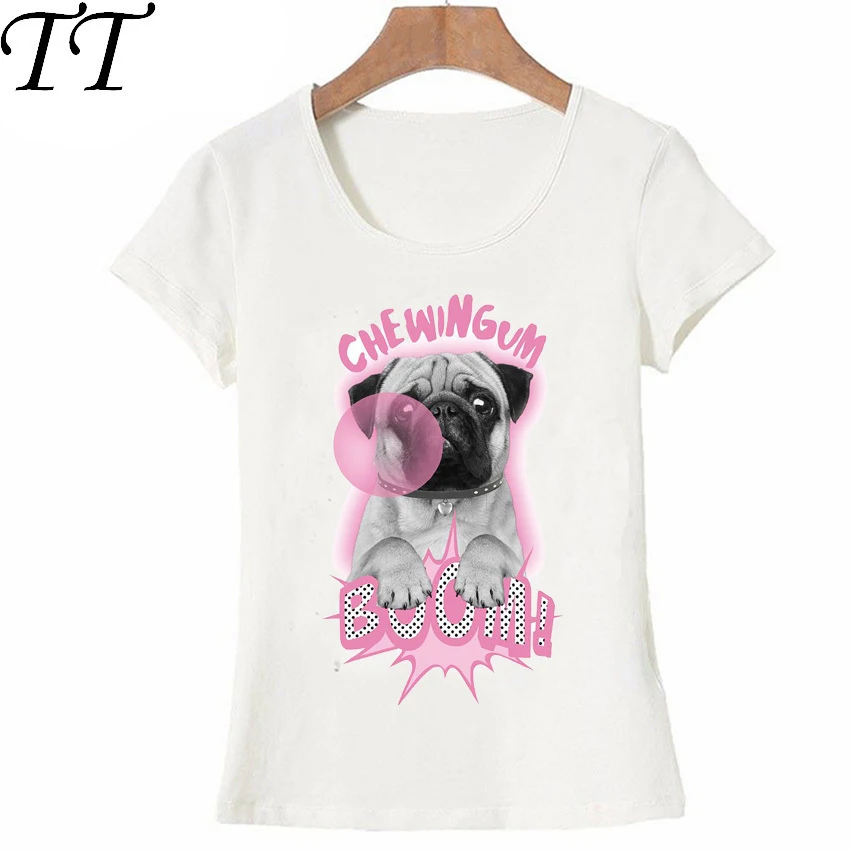 

New Harajuku Pug love chewin gum pink print T-Shirt 2018 cute women T Shirt cute dog design Tops Pretty girl t-shirt Tees