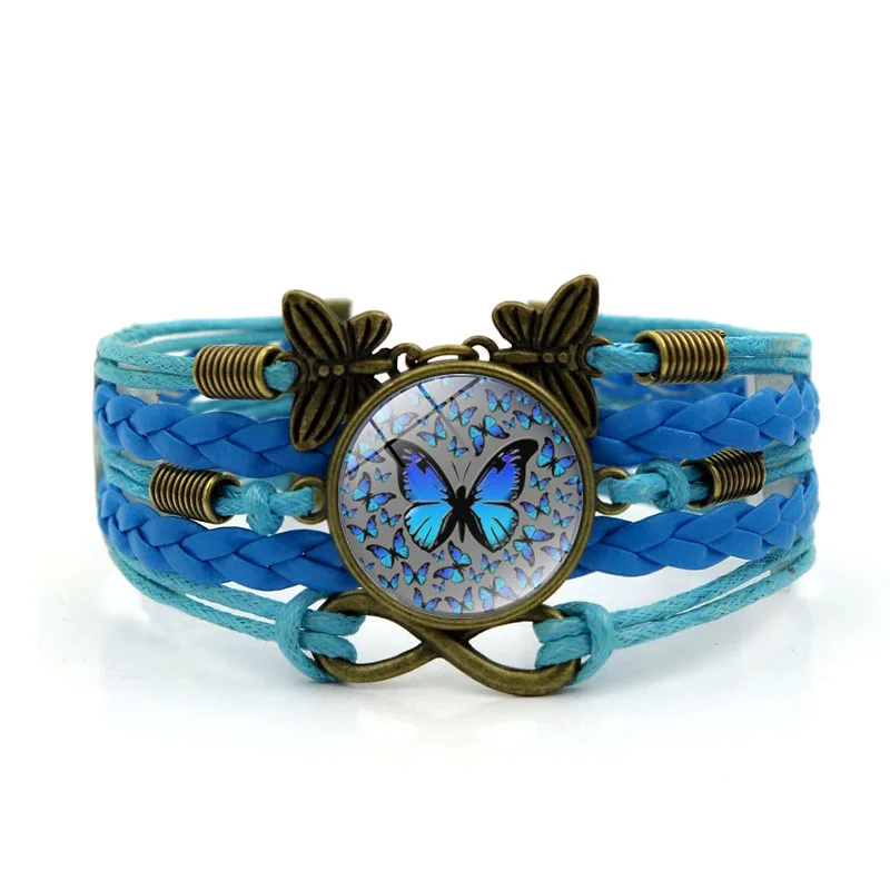 Retro Style Butterfly Bracelet Charm Fashion Glass Cabochon Infinity Jewelry Weave Leather Multilayer for Women Bangle | Украшения и