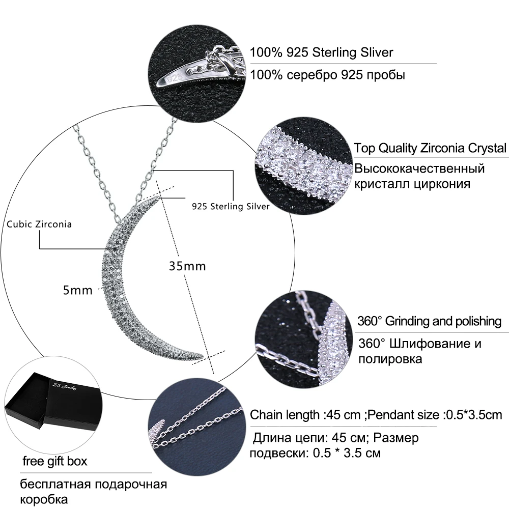 ZS полумесяц Кулон ожерелье для женщин проложили CZ кристалл луна кулон 925 пробы Серебряное ожерелье ислам ювелирные изделия Израиль