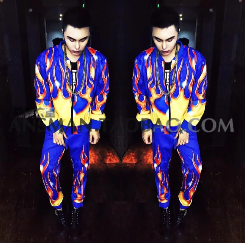 

Nightclub bar male singer DJ DS Europe long sleeves jackets Fashion blue flame hip-hop loose baseball clothing Men suits costume