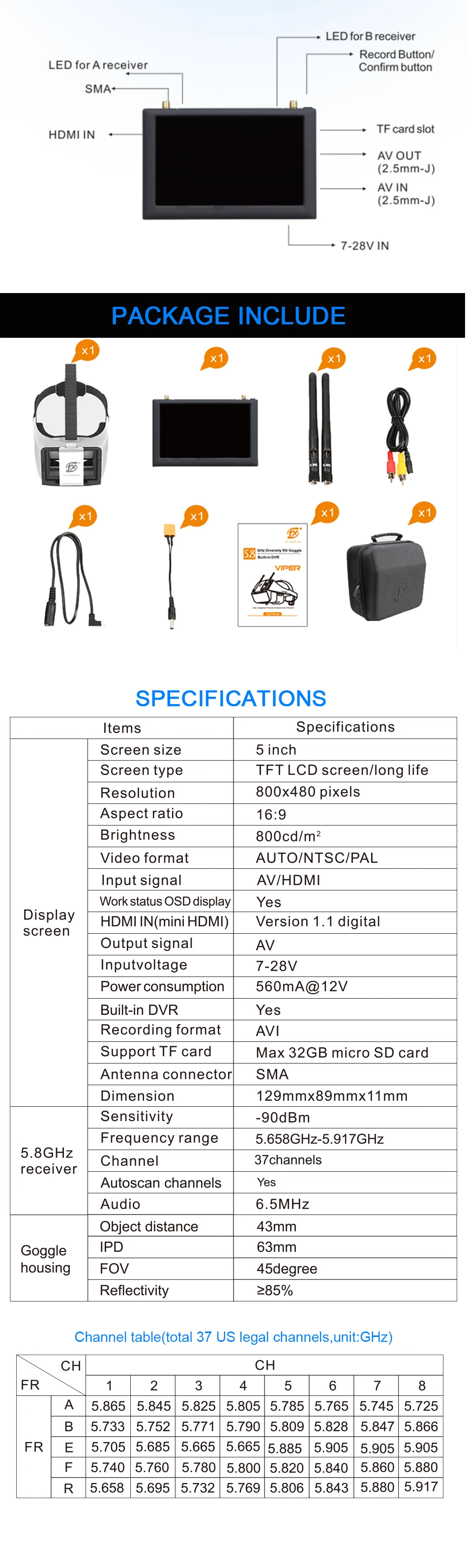 FXT VIPER 5,8G разнообразие HD FPV очки с DVR встроенный рефрактор для модели радиоуправляемого дрона Мультикоптер запасные части Аксессуары
