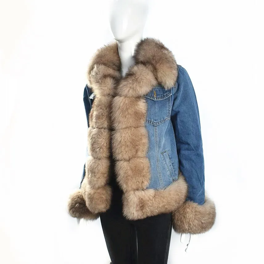2018ladies new denim jacket with natural fox fur rabbit fur lining