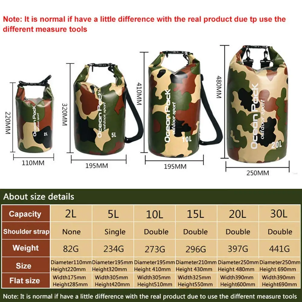 2L/5L/10L/15L/20L/30L океан пакет водонепроницаемый мешок сухой мешок Открытый Камуфляж ПВХ сумки для спорта плавание Кемпинг Рыбалка рафтинг