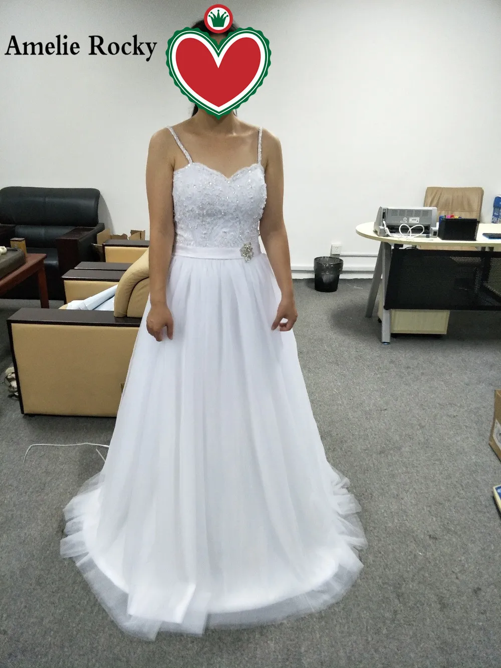 Spaghetti Straps Applique Beaded Beach Wedding Dress Low Back