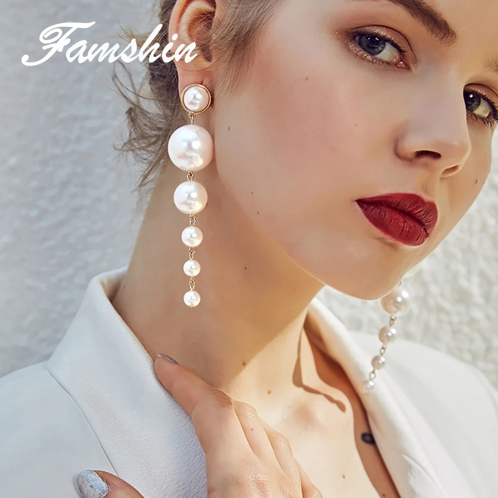 

FAMSHIN Trendy Elegant Created Big Simulated Pearl Long Earrings Pearls String Statement Dangle Earrings For Wedding Party Gift