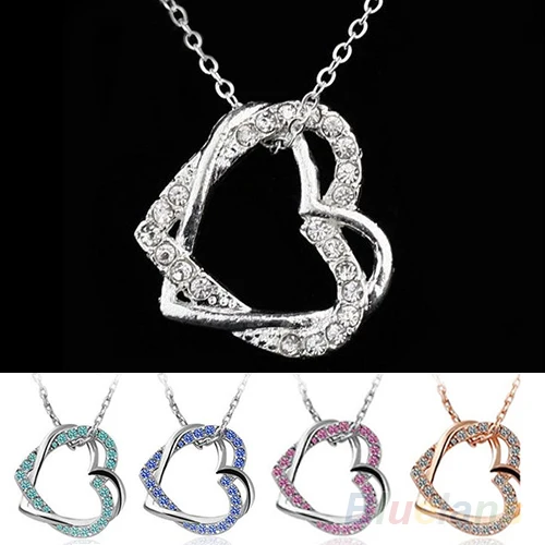

Bluelans Fashion Charming Silver Plated 2 Heart Crystal Pendant Necklace Long Chain