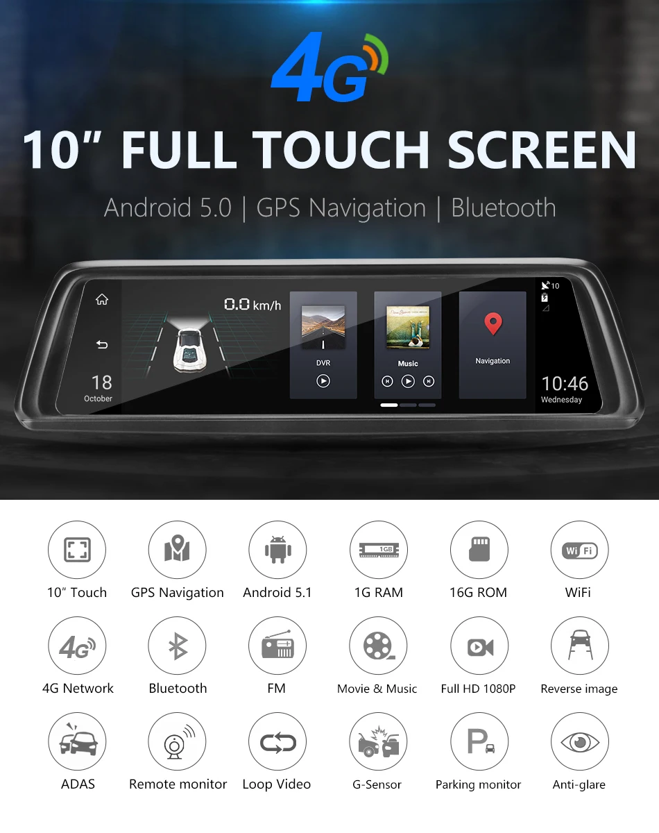 Jansite 4G 1" Автомобильный видеорегистратор с сенсорным экраном видеорегистратор Android 5,0 gps навигация автомобильный видеорегистратор Система ADAS камера заднего вида зеркало