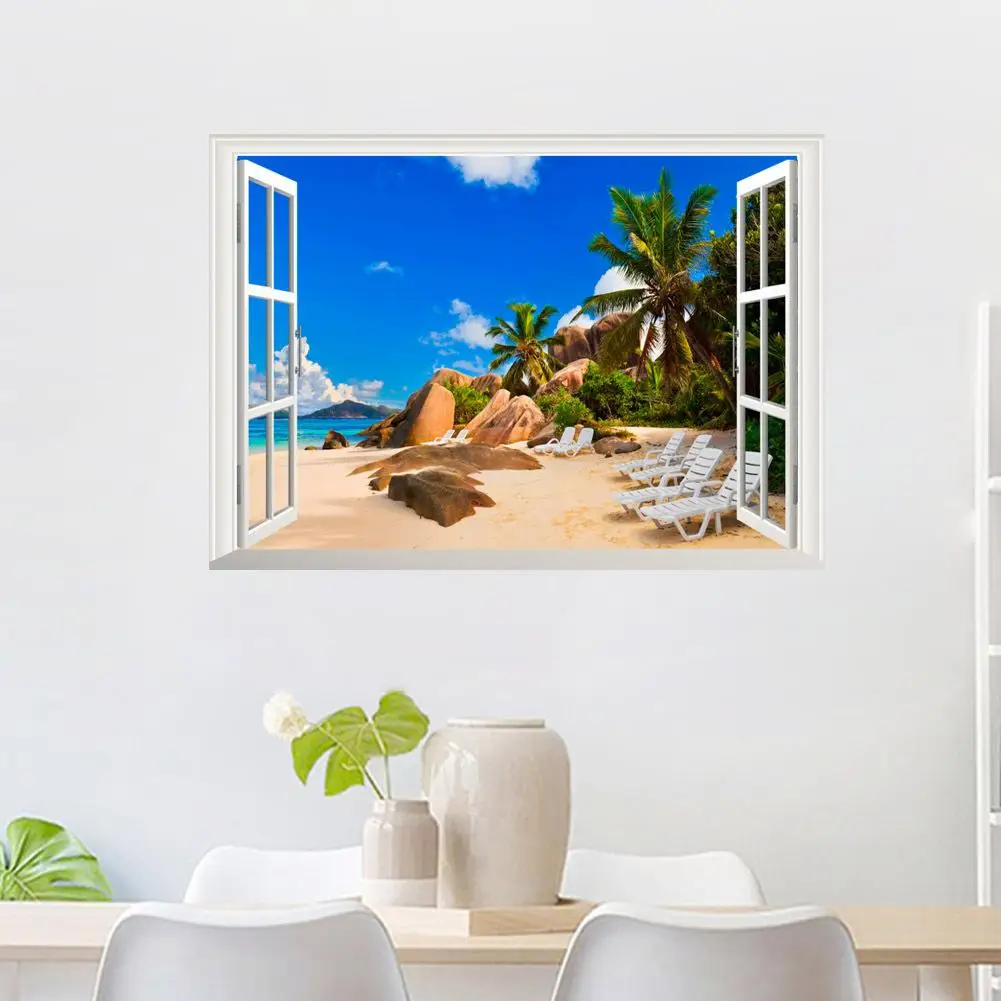 

3D Window View Sandbeach Removable Wall Sticker Mural Decal TV Background Decor New Arrival