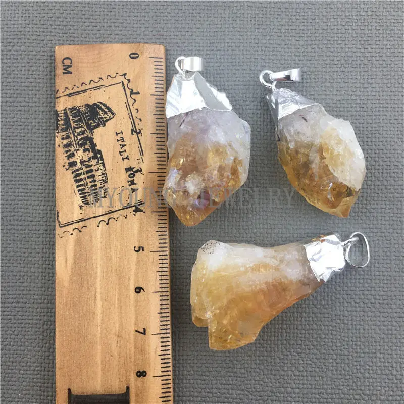 MY0448 Free Form Yellow Crystal Stalactite Point with Bail,Citrine Silver Electroplated Cap Pendant  (3)