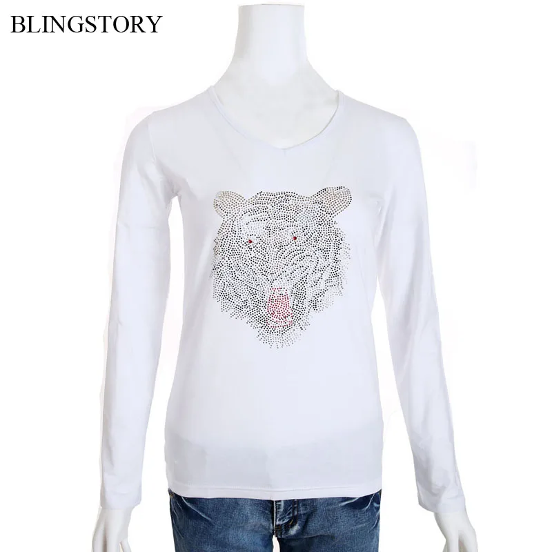 BLINGSTORY Harajuku дизайн бисер Тигр милые футболки для женщин Повседневное Топ с длинным рукавом v-образным вырезом большие Топы S-6XL LP531T012