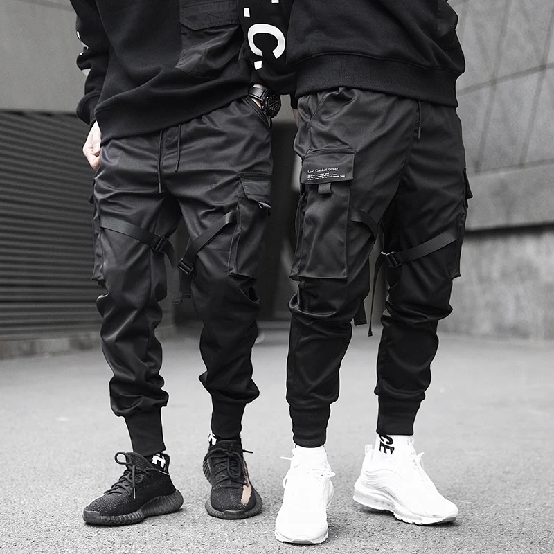 

New Fashionable Darkly Stylish Men's Jogger Trousers Autumn Hip Hop Streetwear Side Pocket Ribbons Thin Sweatpants Pencil Pants