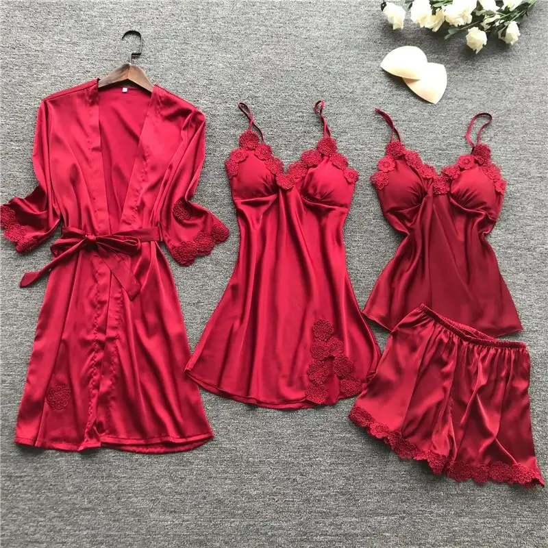 Female Flower 4PCS Kimono Robe Bathrobe Gown Sleepwear Sexy Lace Intimate Lingerie Home Clothes Summer Casual Nightwear With Bra - Цвет: Burgundy