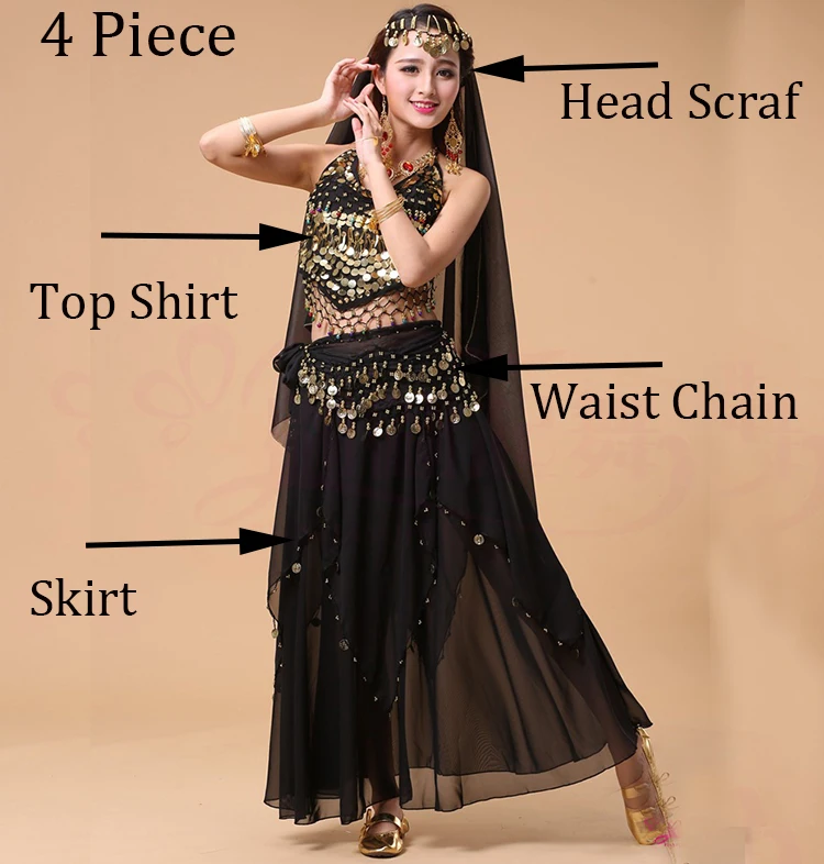 Комплект одежды из 4 предметов для взрослых костюмы для танца живота для Для женщин индийский танец живота танцевальный костюм для сцены производительности Комплект из 4 предметов женские Египет живота Танцы
