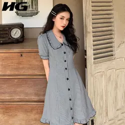 [HG] Винтаж для женщин Корея Мода 2019 Лето Turn-Down воротник короткий рукав плед повседневное однобортный выше колена платье ZLL3798