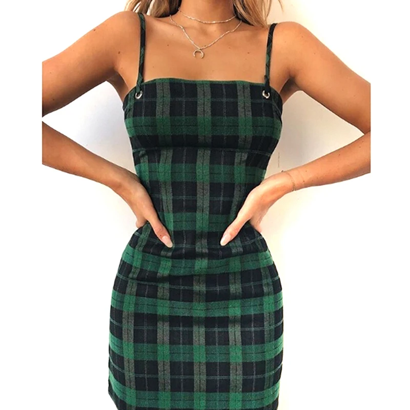 

Women Summer 2019 Sling Sexy Mini Dress Plaid Bow Dresses A Line Sleeveless Square Collar Hollow Back Dresses