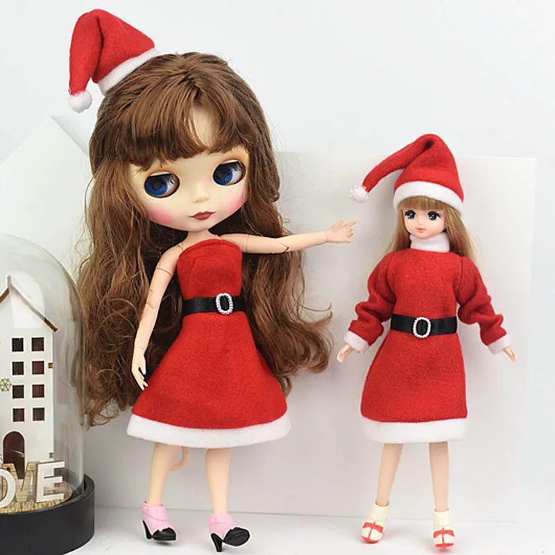 Ручная работа, Рождественский наряд для куклы Blythe, платье и красная шляпа, обувь на высоком каблуке, Одежда для куклы Барби 1/6, аксессуары