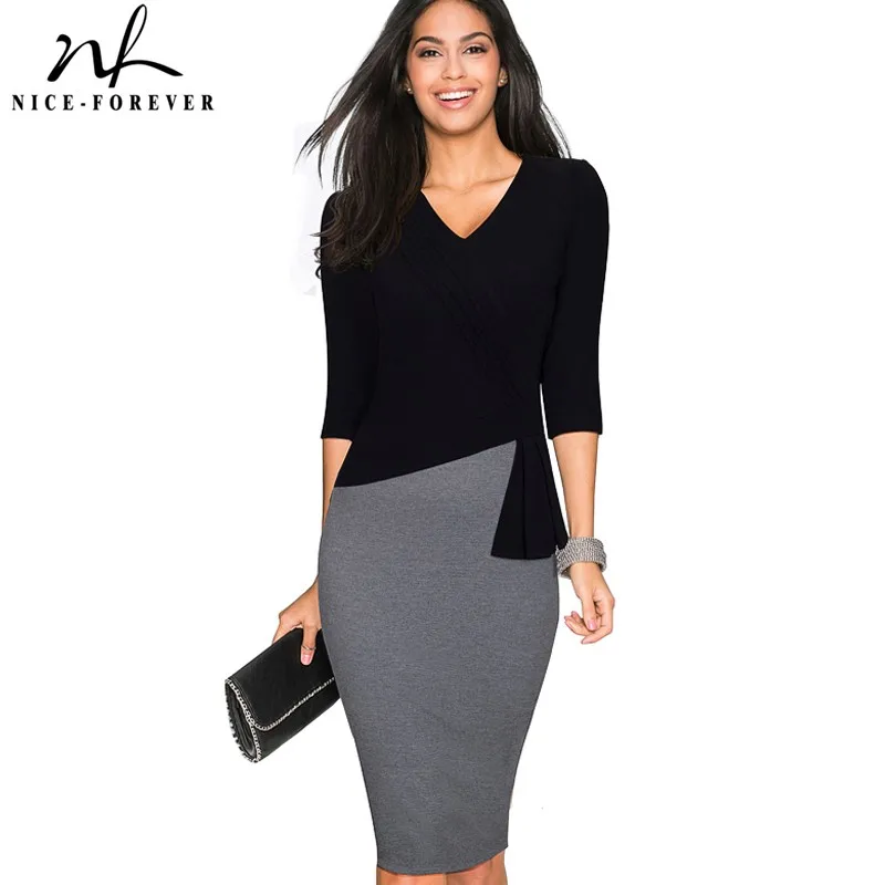 Nice-forever Mature Elegant V-neck vestidos Wiggle Work dress Office Bodycon 3/4 Sleeve Sheath Women Business Dress B333 Nice-forever Mature Elegant V-neck vestidos Wiggle Work dress Office Bodycon 3/4 Sleeve Sheath Women Business Dress B333