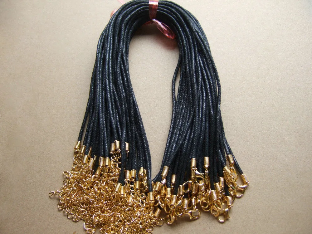 50Pcs Black 2mm Waxed Cotton Choker Necklace Cords Gold Clasp Chains
