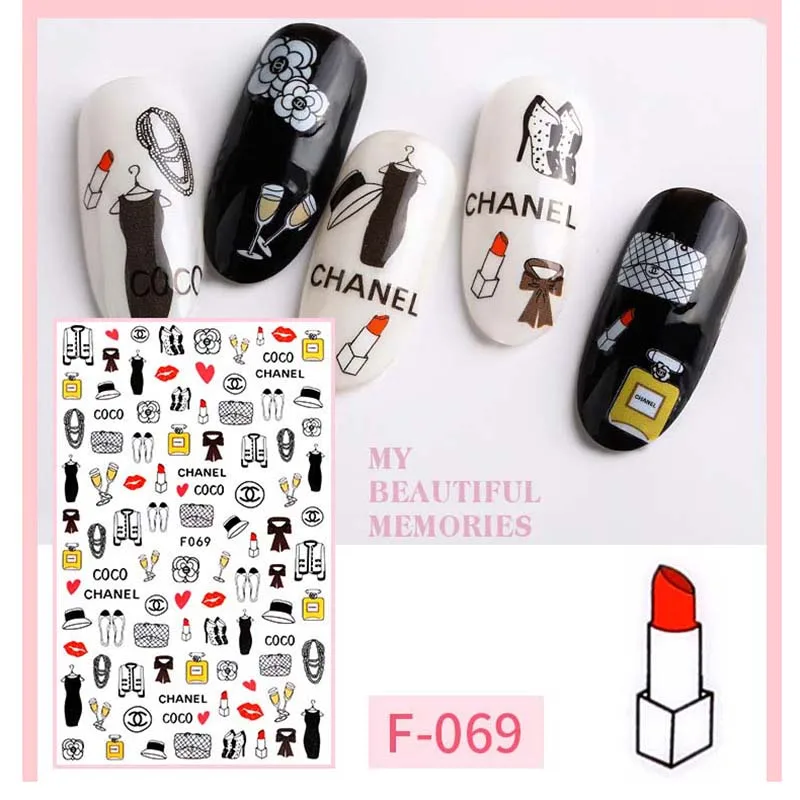 

5 Sheet 3D Nail Art Sticker Cartoon Women Lip Clothes perfume Shoes Cosmetics Brand Pattern 3d Manicure Decoration Decal Newest