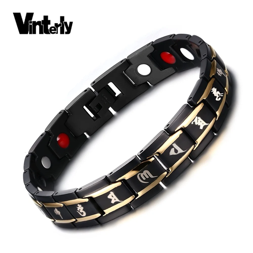 Prix pour Vinterly Religion Tibétain Bouddhiste Six Mots Mantra Or Noir En Acier Inoxydable Bracelets Hommes OM MANI PADME HUM Bracelet Magnétique Prix pour Vinterly Religion Tibétain Bouddhiste Six Mots Mantra Or Noir En Acier Inoxydable Bracelets Hommes OM MANI PADME HUM Bracelet Magnétique
